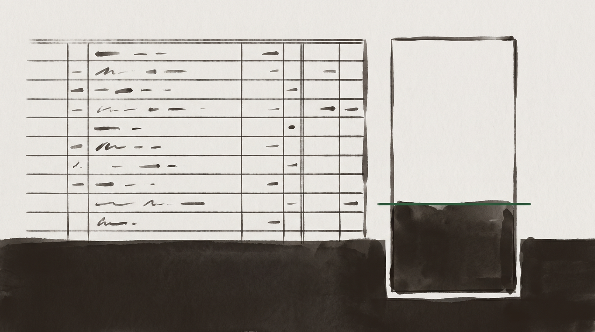 A ledger or receipt showing ,000 promised and 50 delivered — the 50 gap annotated in accounting style, the unfilled portion visible as negative space