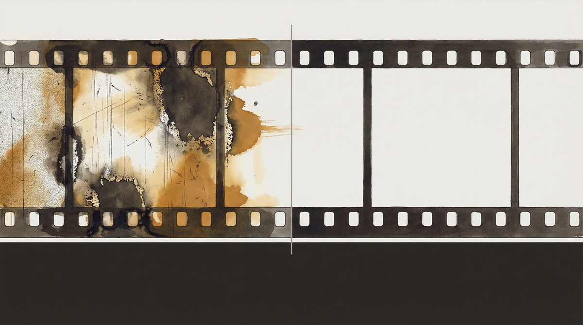 A film strip split between damaged original frames with grain and amber decay and AI-restored frames that are smooth and corrected — the before and after unresolved, neither winning.