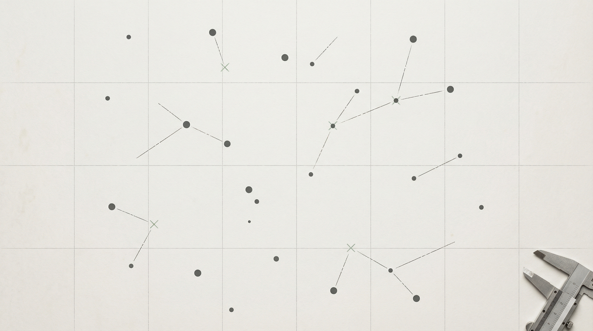 A sparse network diagram on a pale grey field — scattered nodes connected by thin lines that fall short of forming clusters, overlaid with a measuring grid suggesting clinical distance.