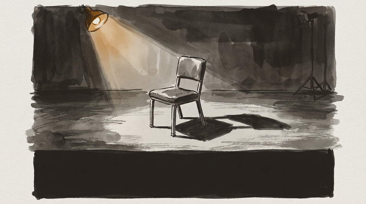 An empty documentary interview chair in tungsten amber light, the formal geometry of accountability journalism — a room built for reckoning, the subject's absence louder than their presence.