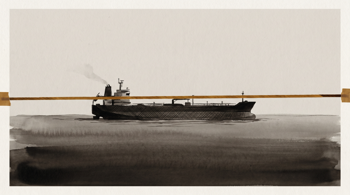 A tanker silhouette on open water, horizon interrupted by an amber chain — the physical form of economic constraint