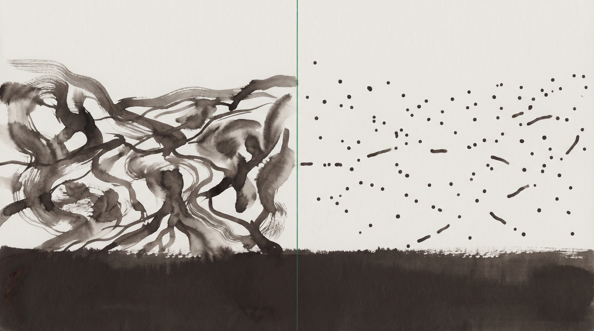 Abstract ink wash diptych showing dense brushstrokes dissolving into scattered data points, divided by a teal line — methodology as transformation
