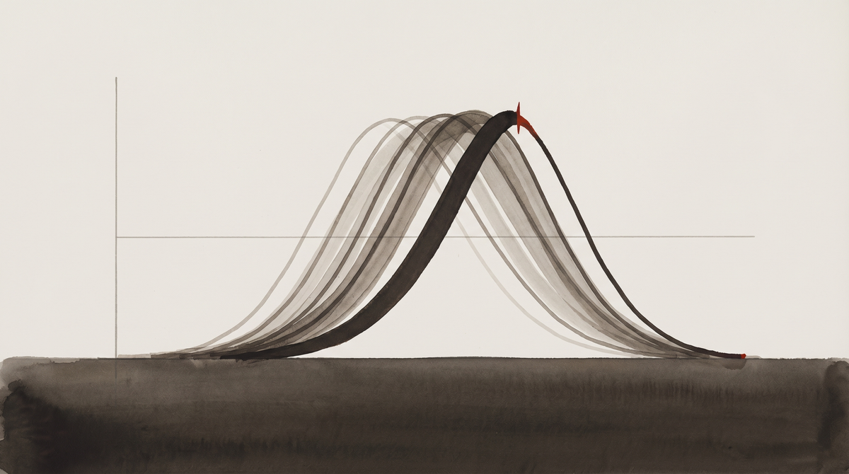 Overlapping probability distribution curves in ink wash style, with a red accent mark signaling an anomaly — a visual metaphor for market manipulation