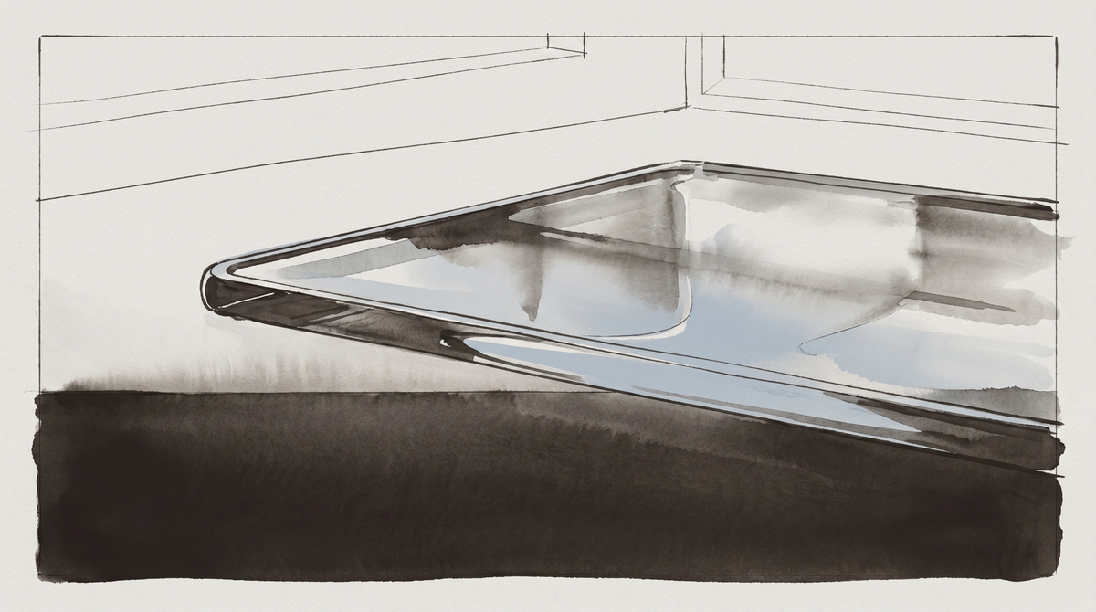 Watercolor and ink illustration of a smartphone with a reflective screen lying on a dark surface, in sepia, blue-gray, and cream tones with architectural details