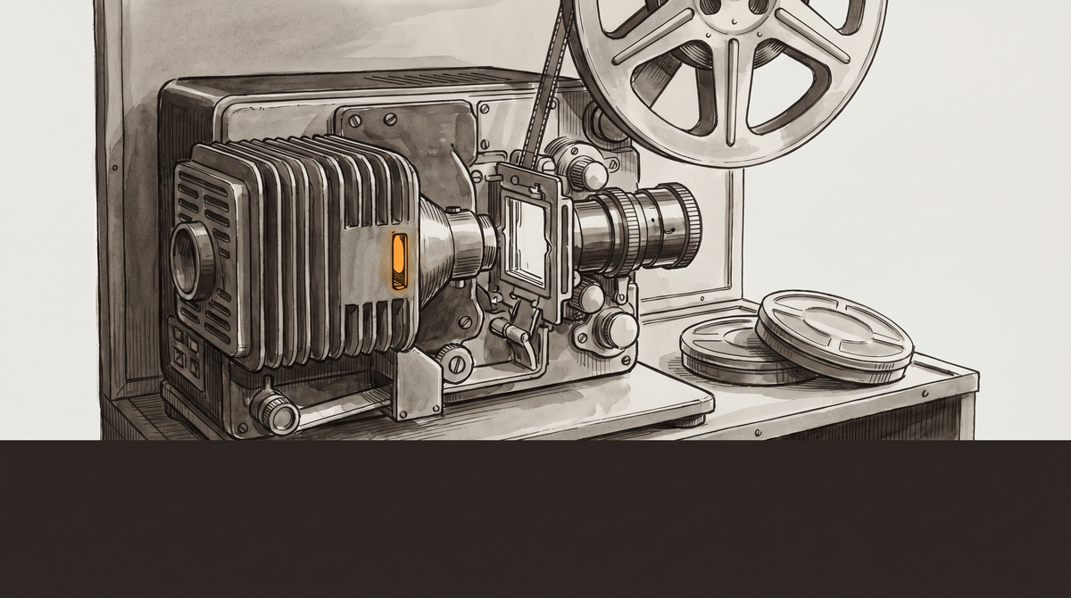 Illustration of a vintage film projector with a fading amber lamp glow, rendered in monochrome ink wash — a relic of infrastructure in decline