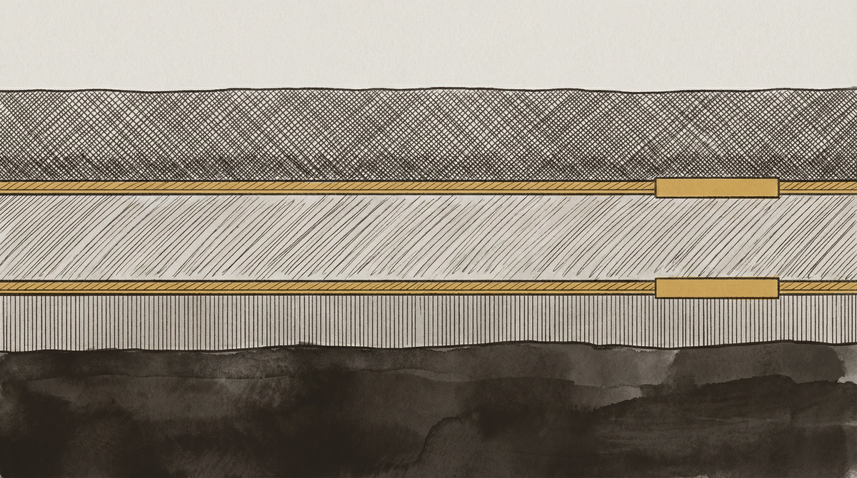 Three horizontal strata cross-section, archival-tape amber ruled borders between regimes — infrastructure weight accumulating below three simultaneous tariff shocks.