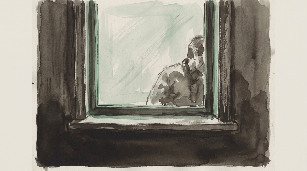A figure studying a document in a room that reflects itself — both observer and observed, interior light, the visual grammar of trying to see yourself from outside.