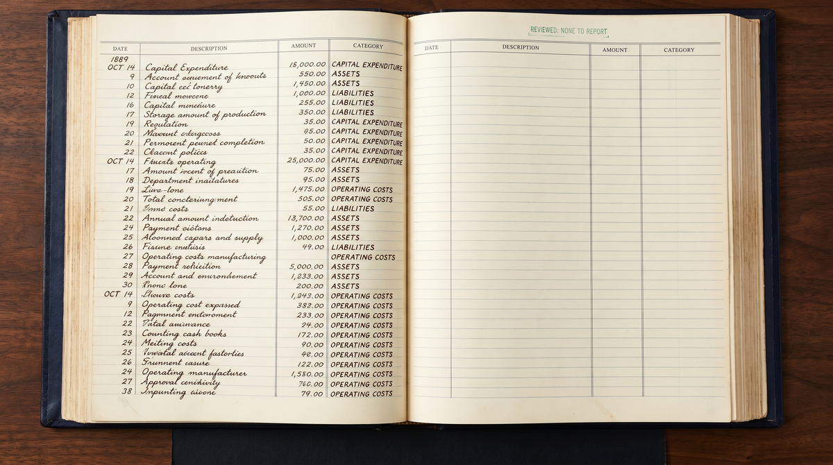 A ledger with one column filled and one column empty — the visual argument for the gap between what companies know about AI's workforce impact and what they are required to report.