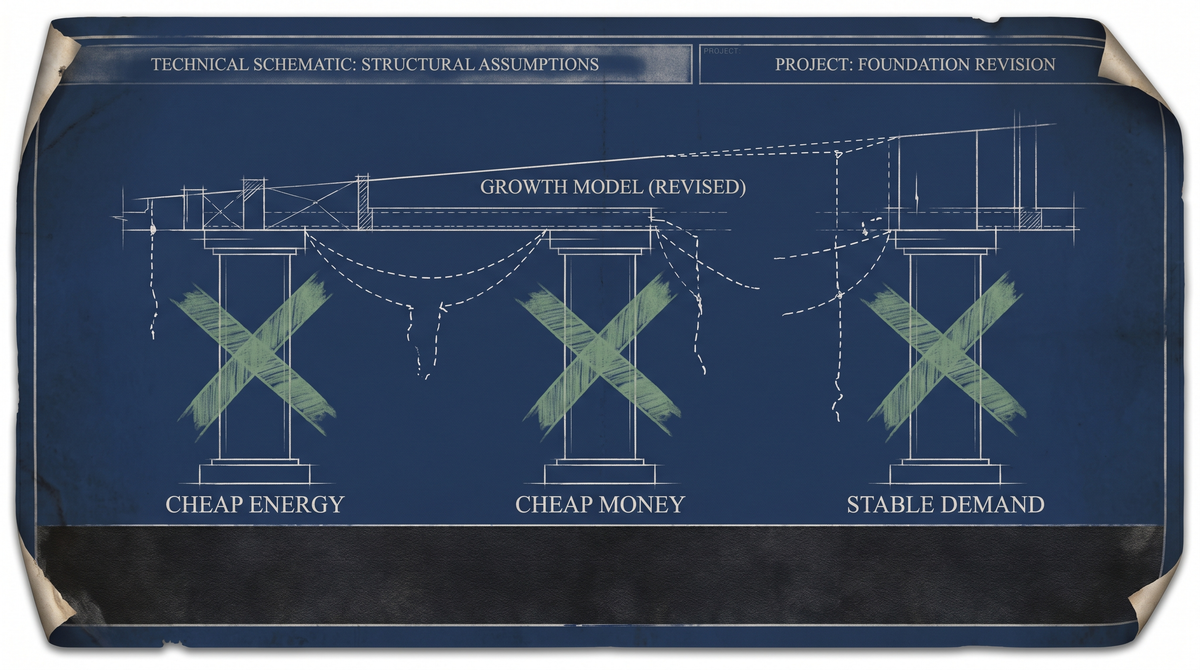 The assumptions of a growth model being crossed out one by one — the visual argument for a $600B buildout bet that is now being repriced against a recession baseline.