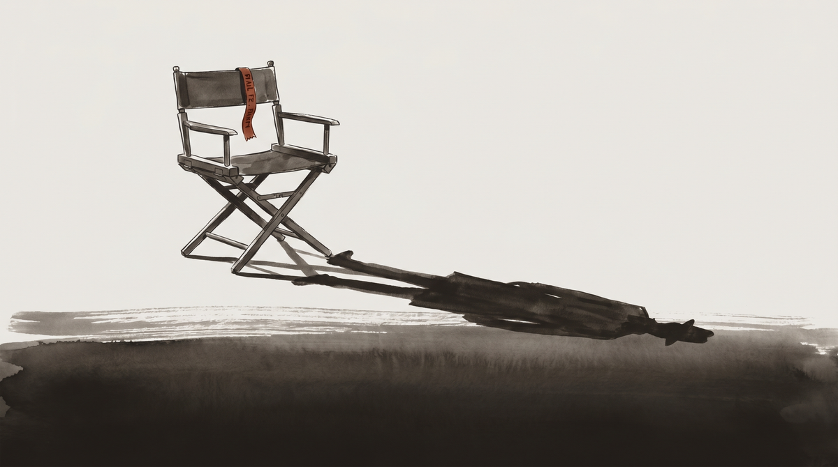 Watercolor illustration of an empty director's chair with a red sash, its shadow transforming into a human silhouette, in sepia tones