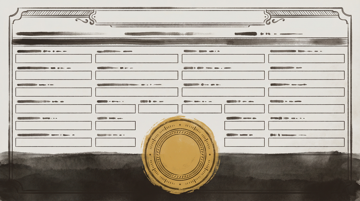 A formal compliance certificate with ornate border and official wax seal, its content fields filled with illegible smudged text, shadows rising to obscure the document.