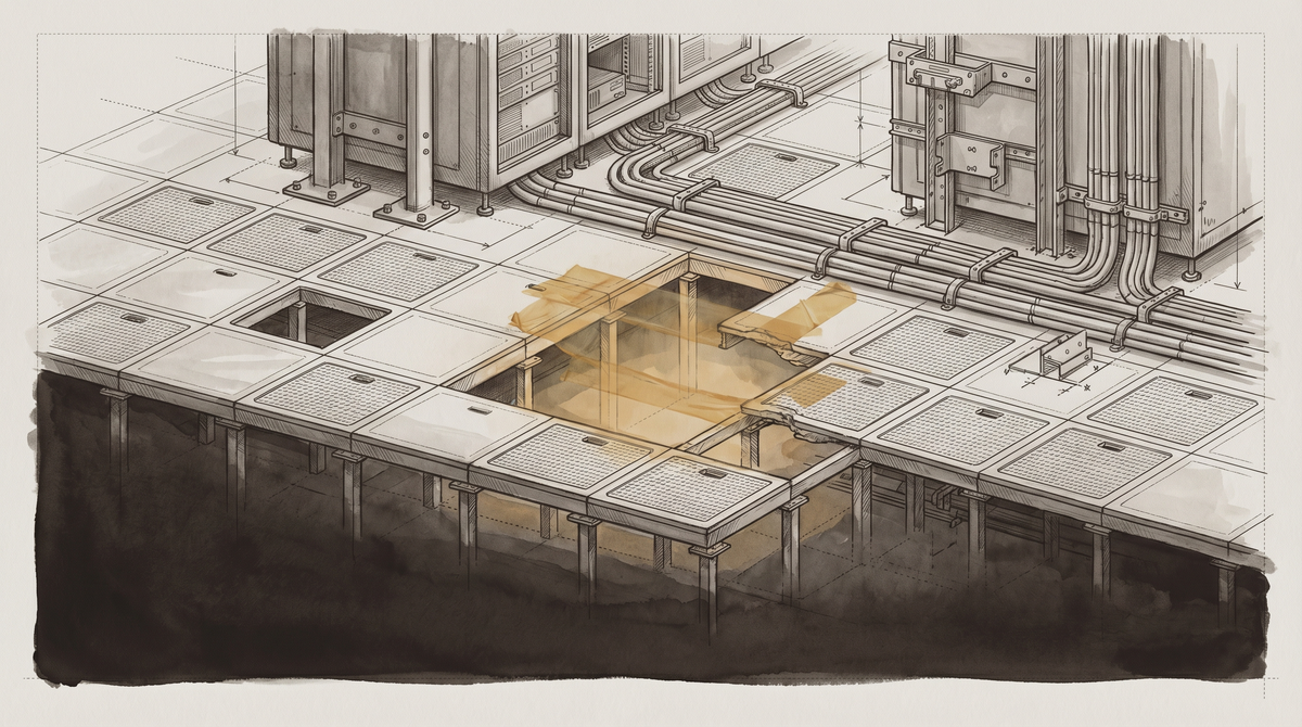 An architectural floor grid dissolving into amber void beneath a data center skeleton, the structural support of AI infrastructure quietly expiring.