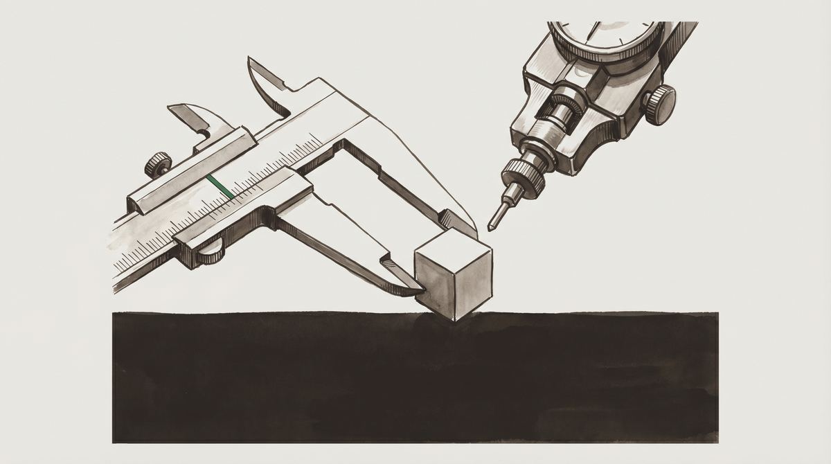 Two precision measuring instruments examine a single geometric cube at the threshold of darkness — a study in self-measurement.