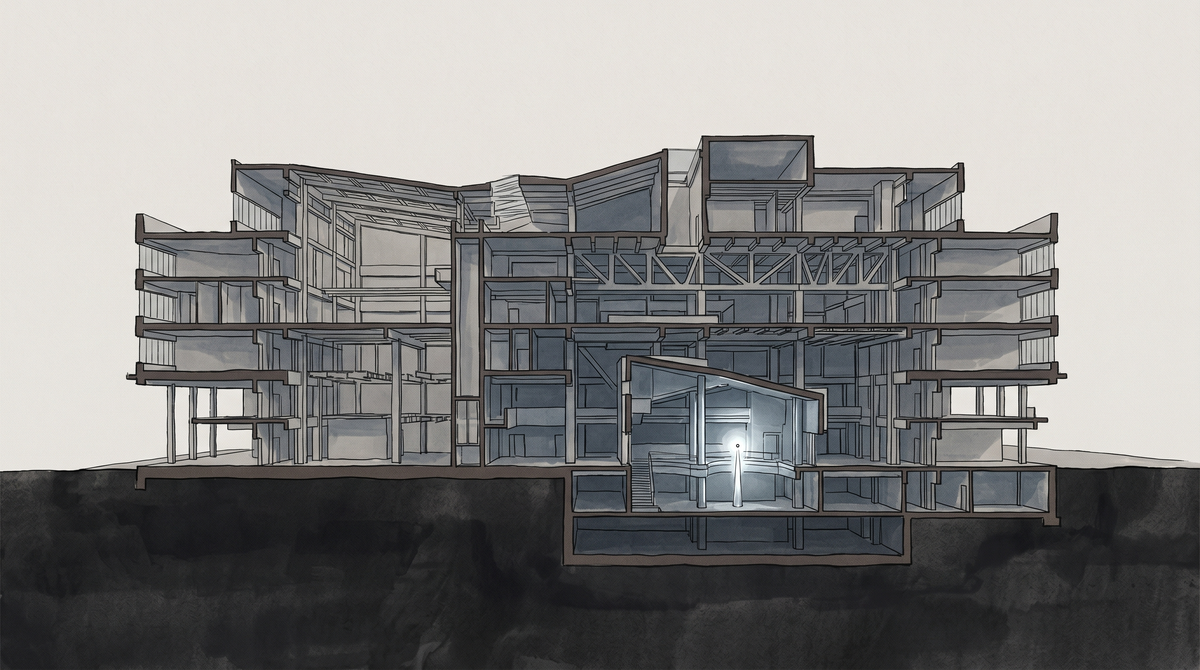 Architectural cross-section of a complex building with a single illuminated figure deep inside — interpretability as the act of finding the person in the infrastructure.