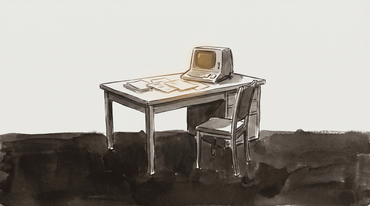 Vintage computer terminal on a plain desk, empty chair angled away, papers scattered — ink and watercolor editorial illustration in warm grays, sepia, and amber screen glow