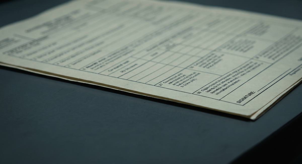 A bureaucratic specification document, precisely formatted, with a blank signature line at the bottom — empty in the way that absence becomes structural.