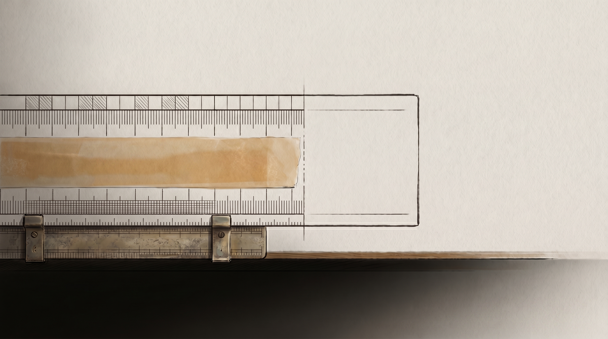A ruler and timeline measure precisely on one side while the opposing column of a ledger remains blank — structure without governance.