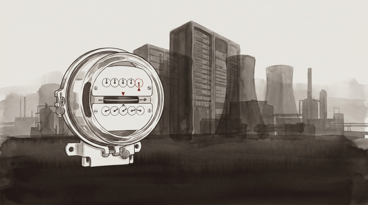 A residential electricity meter in close-up, with the distant glow of a data center visible behind it — the domestic and the industrial in the same frame, the extraction implicit.