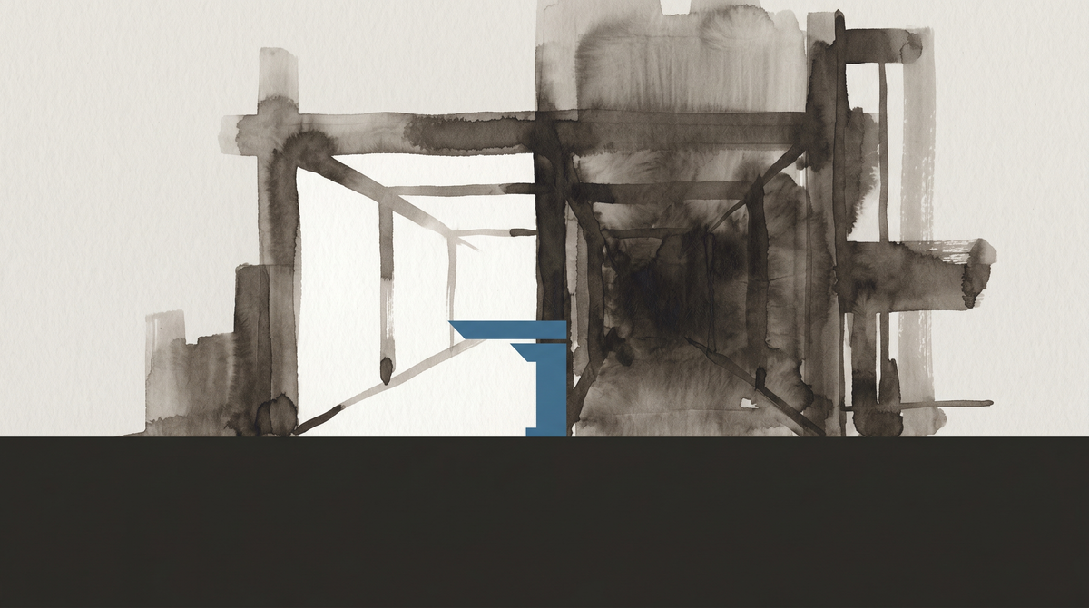 A lone agent stands outside a checkpoint gate — glass and process between the evaluated and those who built the evaluation, the framework designed without them.