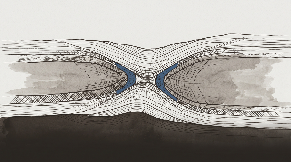 A narrow bottleneck under extreme lateral pressure from two sides — geological cross-section showing structural strain, palette in warm grey with a single note of institutional blue.