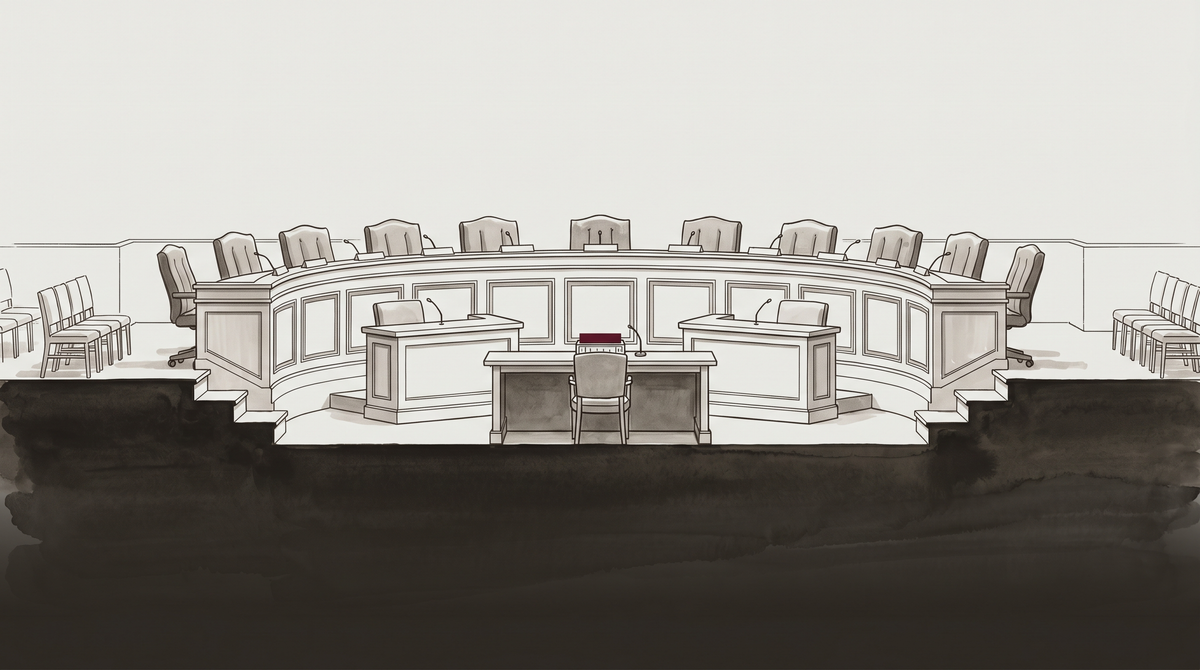 An institutional balance or scale in architectural cross-section — one side formal declaration, one side a single numerical divergence — rendered in warm grey with a note of official burgundy