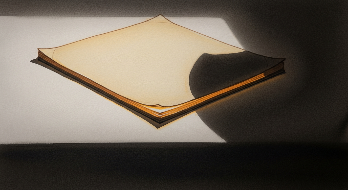 A thin aged document in a theatrical shaft of light against surrounding darkness, warm amber glow of old paper in near-total black