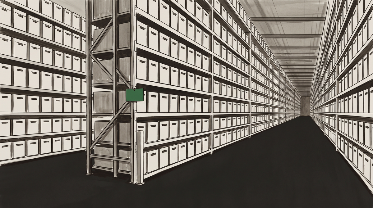 Infinite archive corridor with uniform storage boxes receding to a vanishing point — the warehouse scale of zero-marginal-cost AI music production, vast and unmanned.