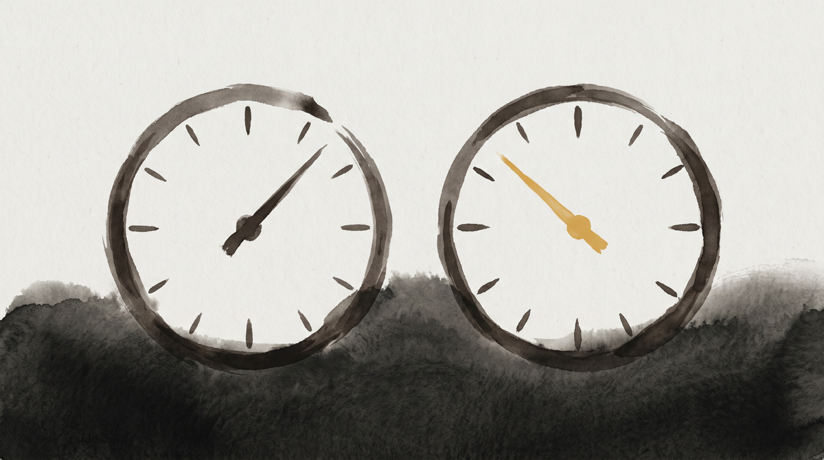 Two clock faces emerging from a dark watercolor wash in gray and ochre — the divergence between reported figures and what they actually measure.