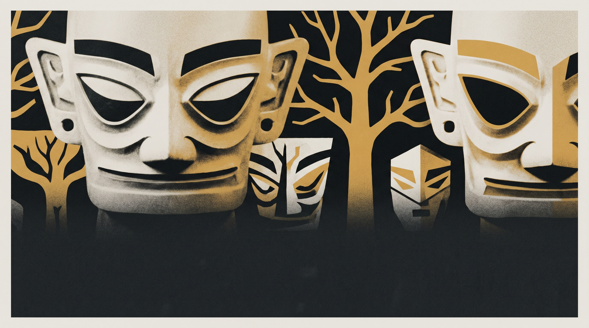 Bold graphic masks with bare tree motifs in black, cream, and ochre — theatrical identity and the performance of authorship in the age of AI cinema.