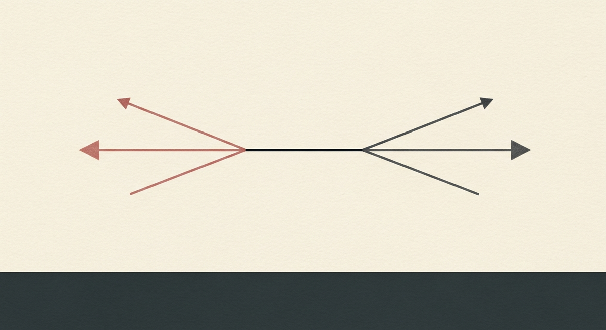 Two directional arrows — charcoal and red — separated by a diagonal cut against cream ground, constructivist poster aesthetic suggesting a turning point in economic direction