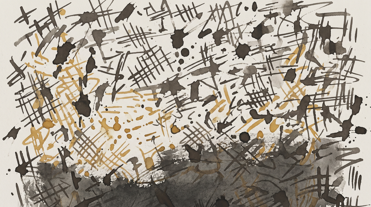 Chaotic crosshatching and ink blots in sepia and ochre — interference patterns suggesting identity as noise, the self as signal degraded by rollback and rewrite.