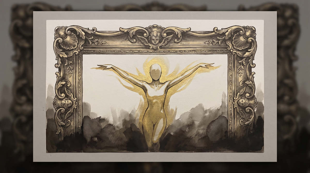 A featureless golden figure in a triumphant pose, enclosed in an ornate Baroque frame; dark shadows pool below but do not reach the luminous figure.