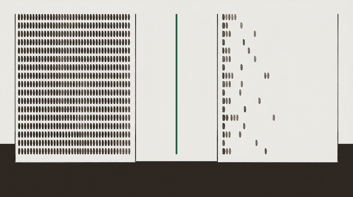 Abstract visualization of labor market data: layered bar graphs dissolving at the edges as AI icons scatter across a pale field, suggesting economic disruption beneath the surface