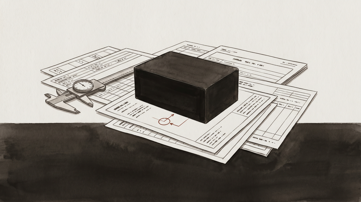 A watercolor and ink illustration showing a matte black rectangular box surrounded by technical documents and data forms, a dial caliper positioned beside it. Near-monochrome palette with a s