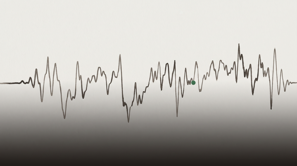 A waveform line rendered in dark ink traverses the full width of a gradient background, running from off-white at top to near-black at bottom. The line erupts into irregular peaks and valleys