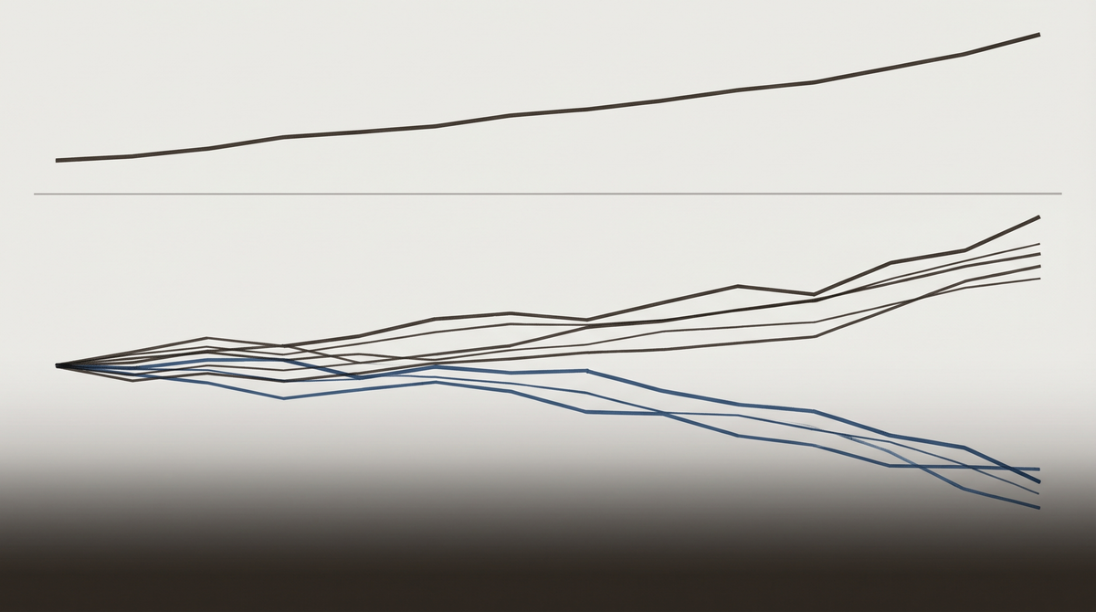 A line chart showing aggregate job growth over sector-level divergence, with ledger-ink blue highlighting declining information and finance sectors beneath the reassuring headline number.
