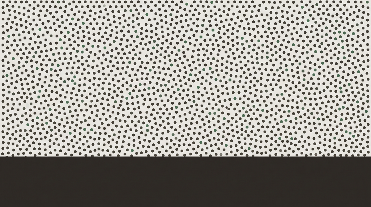 Dense field of small ink marks with a scattering of survey-marker green marks distributed throughout — a visual argument about how minority output shapes collective voice.
