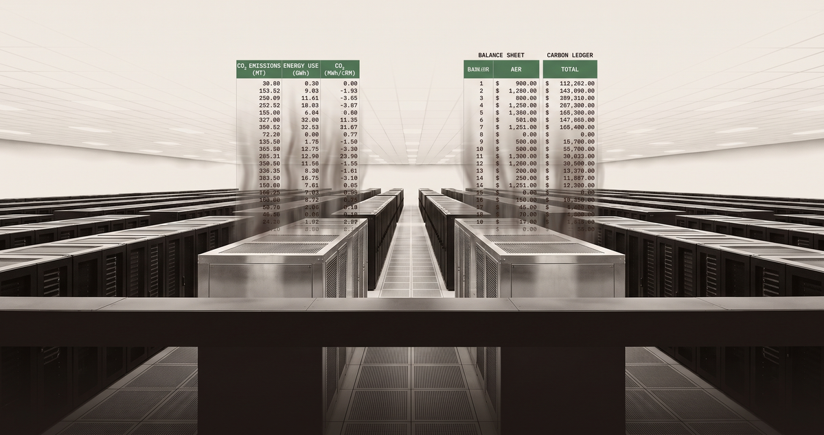 Server racks stretching to the horizon — the air above the cooling towers resolves into spreadsheet columns of CO₂ numbers — infrastructure and carbon ledger as the same image.