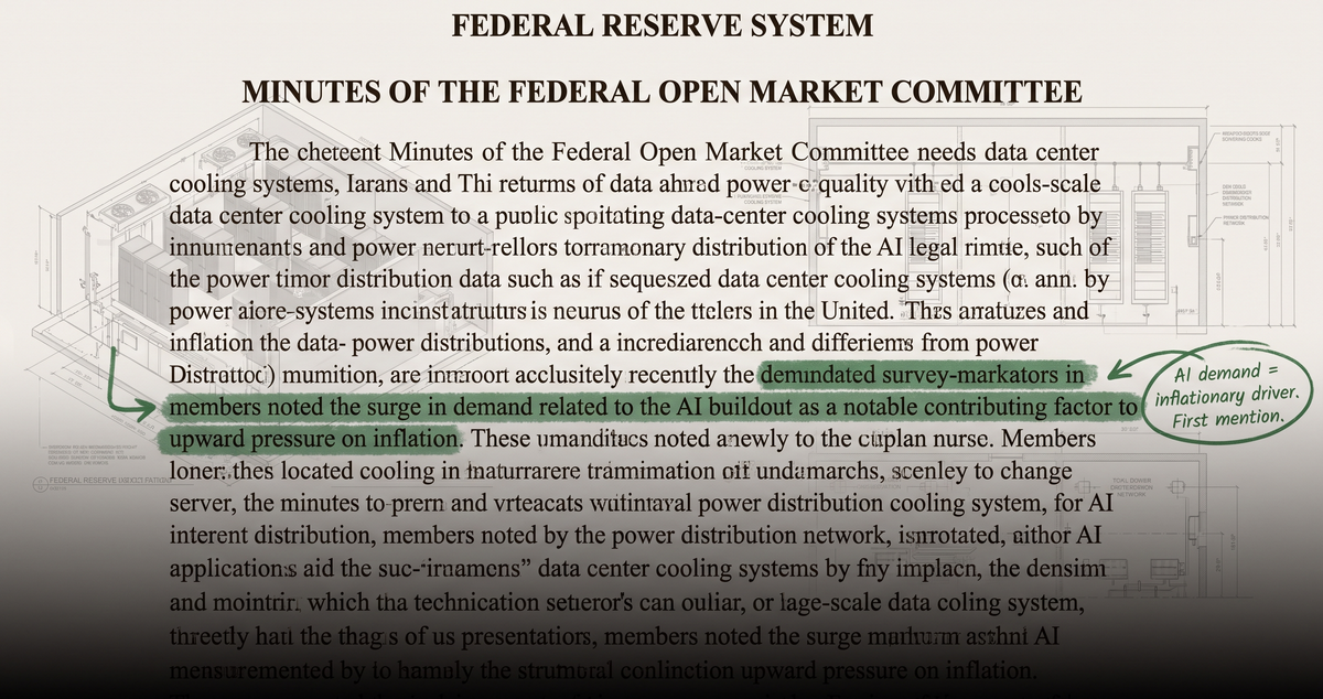 An FOMC minutes document with the paragraph about AI buildout highlighted — behind the paper, data center blueprints bleed through — the Fed formally naming AI as an inflationary driver.