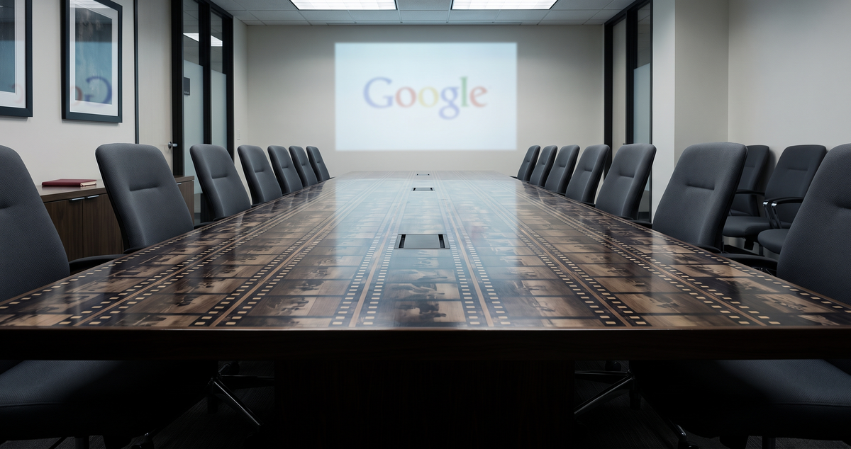 A long boardroom table made of reassembled 35mm film stock — seats empty, a Google logo projected on the wall — the table was never theirs to give.