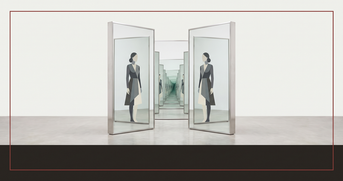 Two mirrors facing each other creating an infinite regression of reflections — a figure visible in each, identical, a surface all the way down — Tilly Norwood as projection not performer.