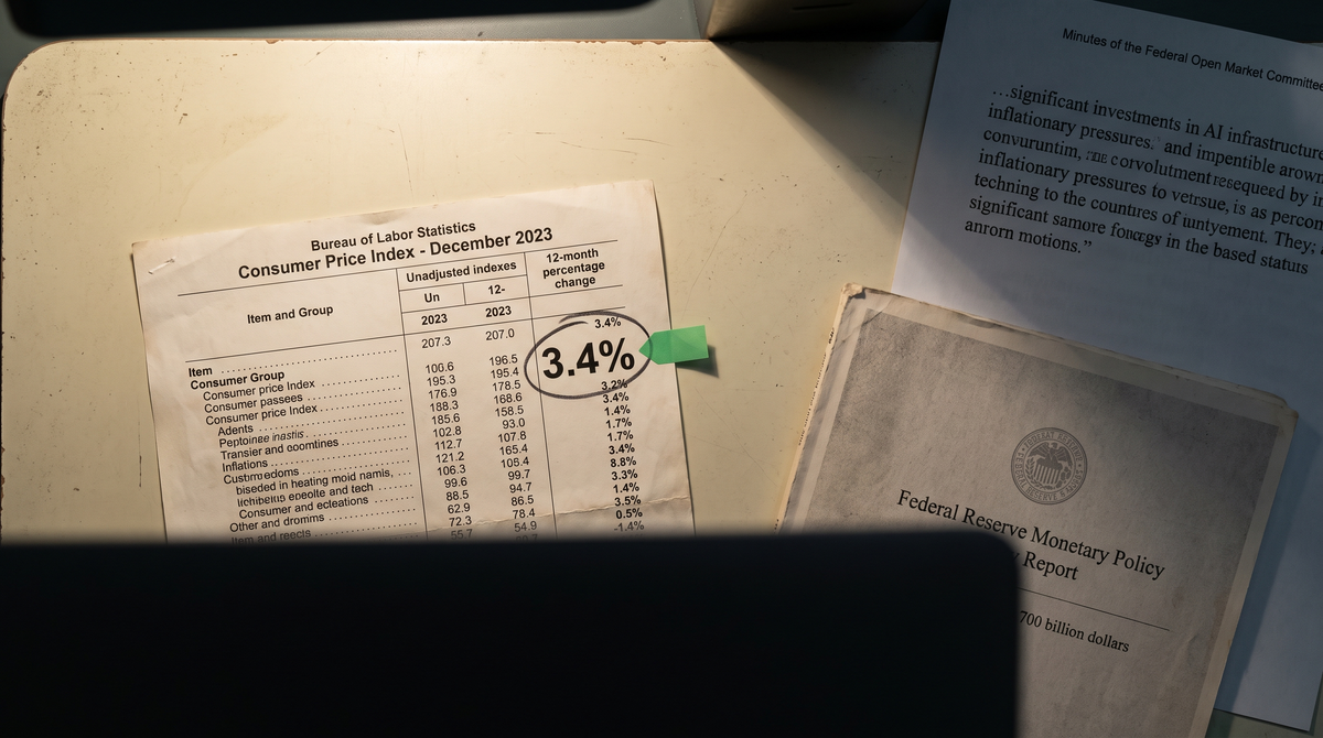 A CPI printout brightly lit on a desk next to FOMC minutes and Monetary Policy Report in partial shadow