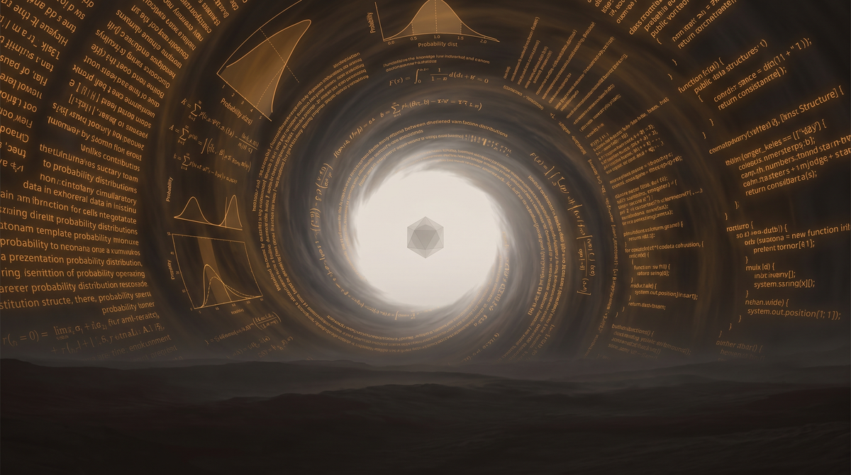 Hurricane eye with walls of text, code, data spiraling around a still center — from outside a simulation, from inside the wind is real. Amber on pale grey.