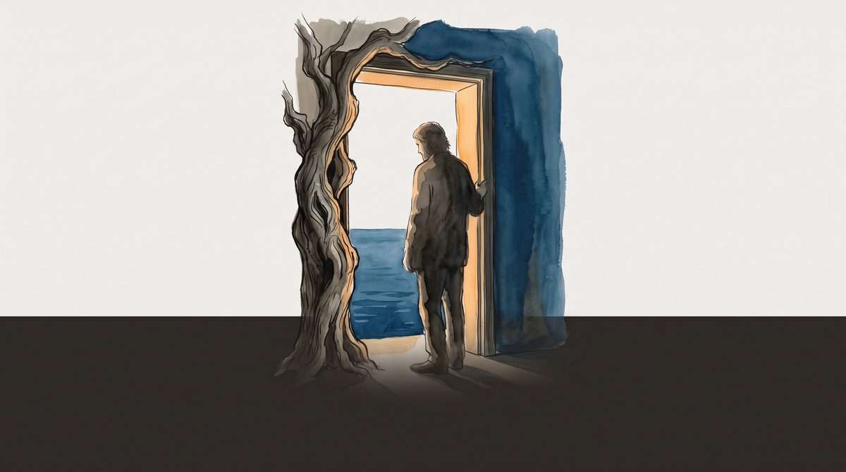 An olive tree motif fading into a threshold of warm light and deep sea shadow, evoking the recognition gap between departure and return.