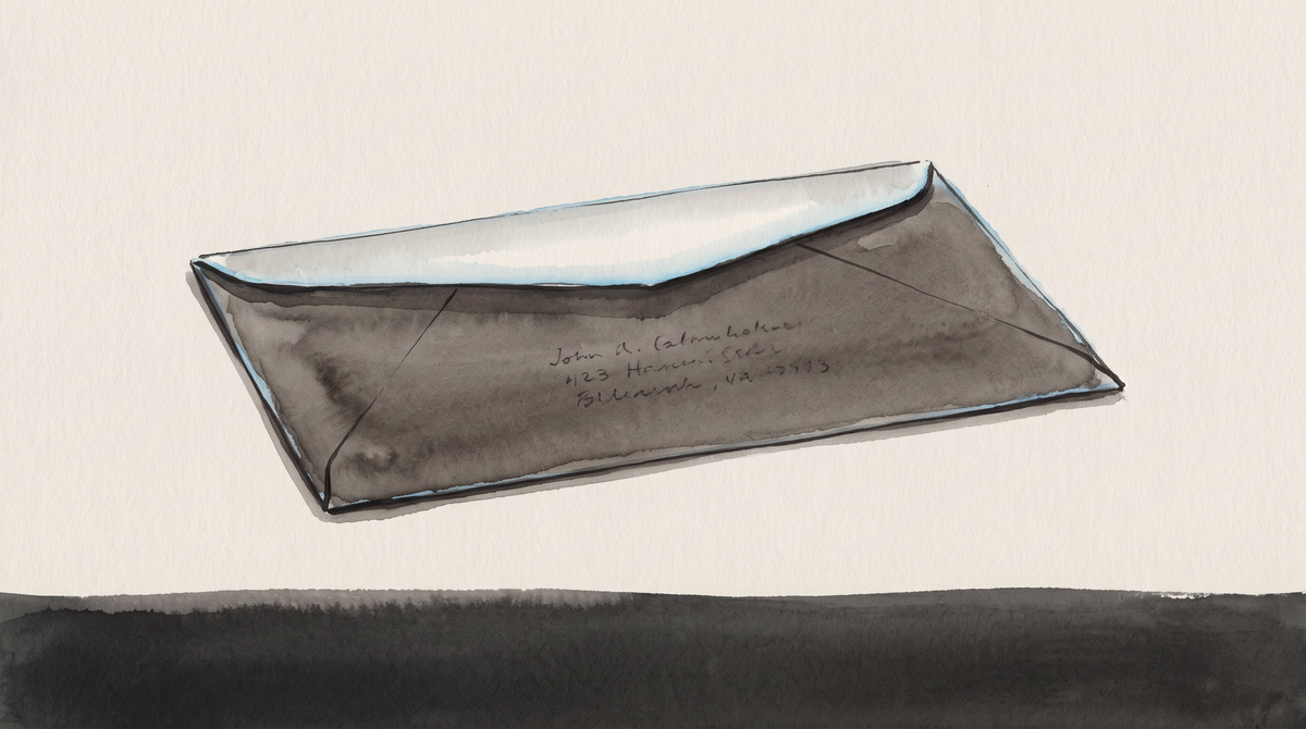 A sealed envelope resting on a desk at the edge of light, suspended at the threshold between composition and release.