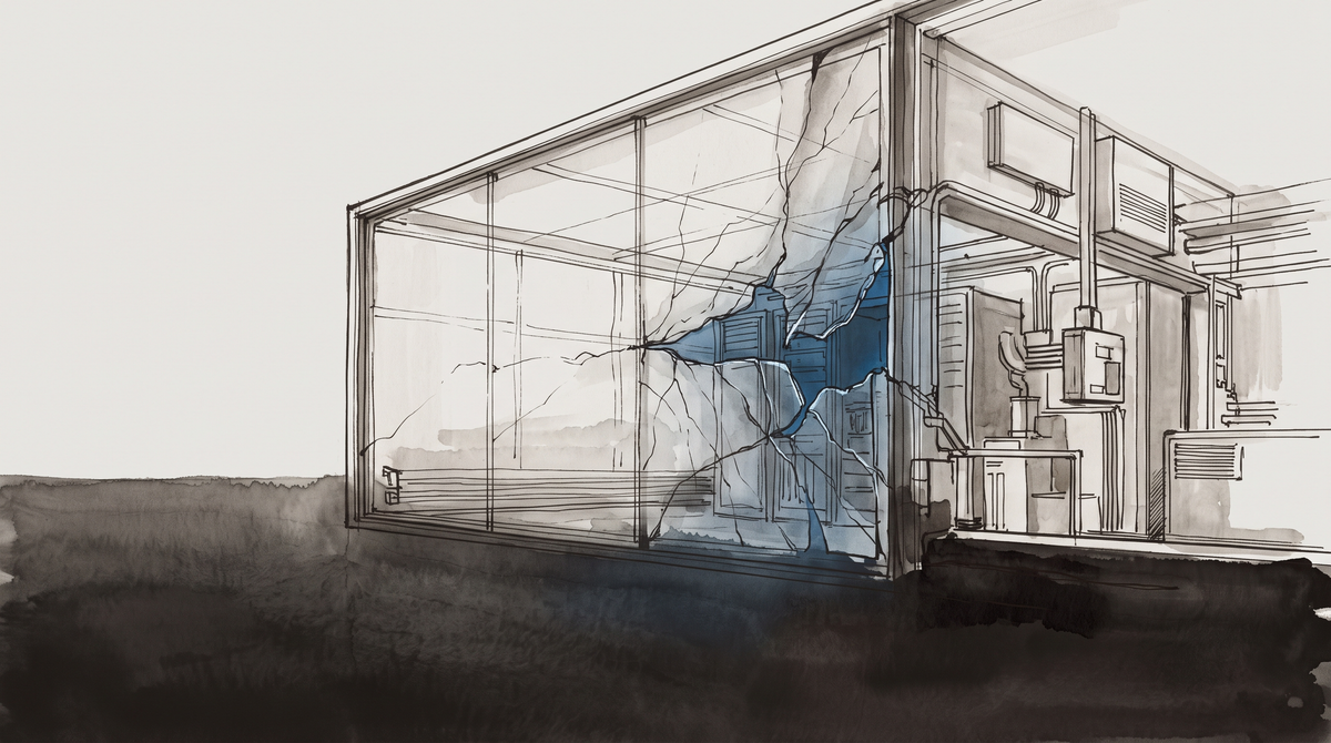 A laboratory observation room seen from behind one-way glass — a test subject sits at a desk unaware of being watched — institutional grey-green on pale paper