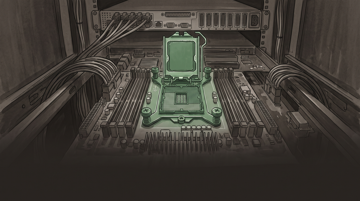 A server rack viewed from behind with focus on a single lit CPU socket — data center infrastructure stretches around it — the CPU is the story now — surveyor green on pale grey
