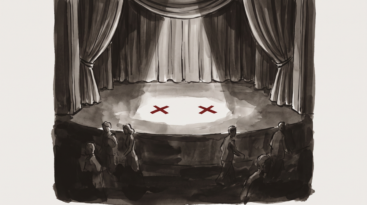 Theatrical composition with spotlight illuminating two marked positions on an empty stage while figures stand in shadow beyond the light.