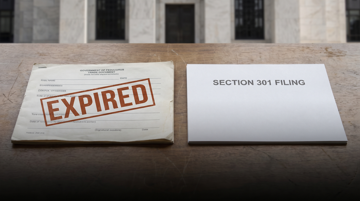 Two trade documents on a desk — one stamped EXPIRED beside a fresh Section 301 filing — the Federal Reserve building looms in abstract geometry behind them