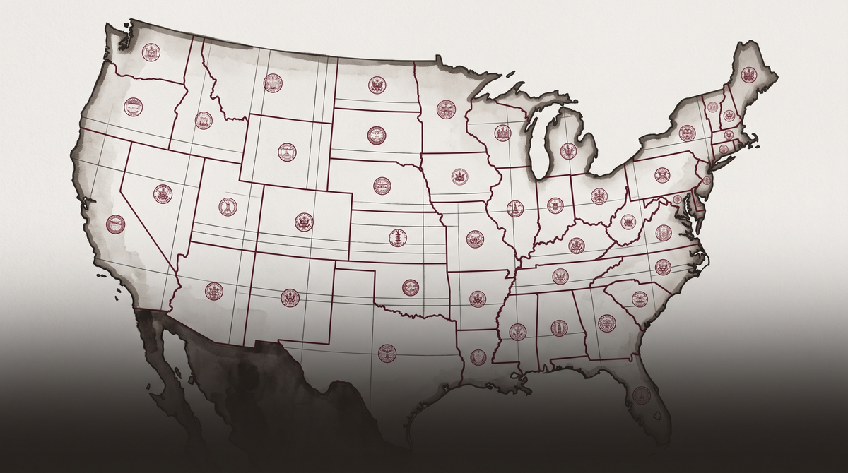 A map of the United States overlaid with 42 jurisdiction markers and legal filing seals in burgundy, showing the patchwork of state-level AI liability enforcement.